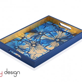 Blue rectangle lacquer tray with water lily leaf pattern 30*45*4.5 cm